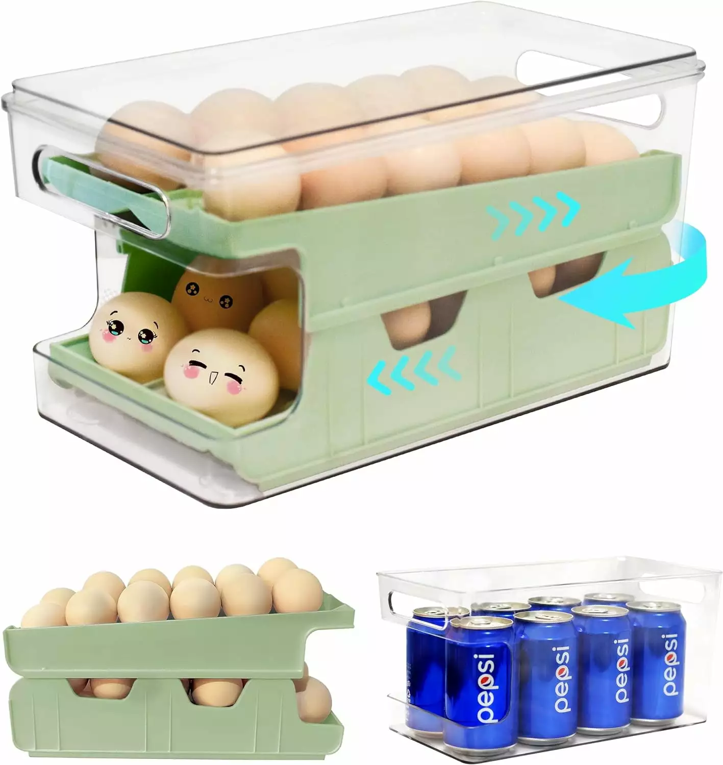 Rolling Egg Holder for Refrigerator. Automatic 24 Count Egg Dispenser for Refrigerator. Egg Organizer Container for Fridge Refrigerator. Kitchen Pantry Organization Egg Storage Tray