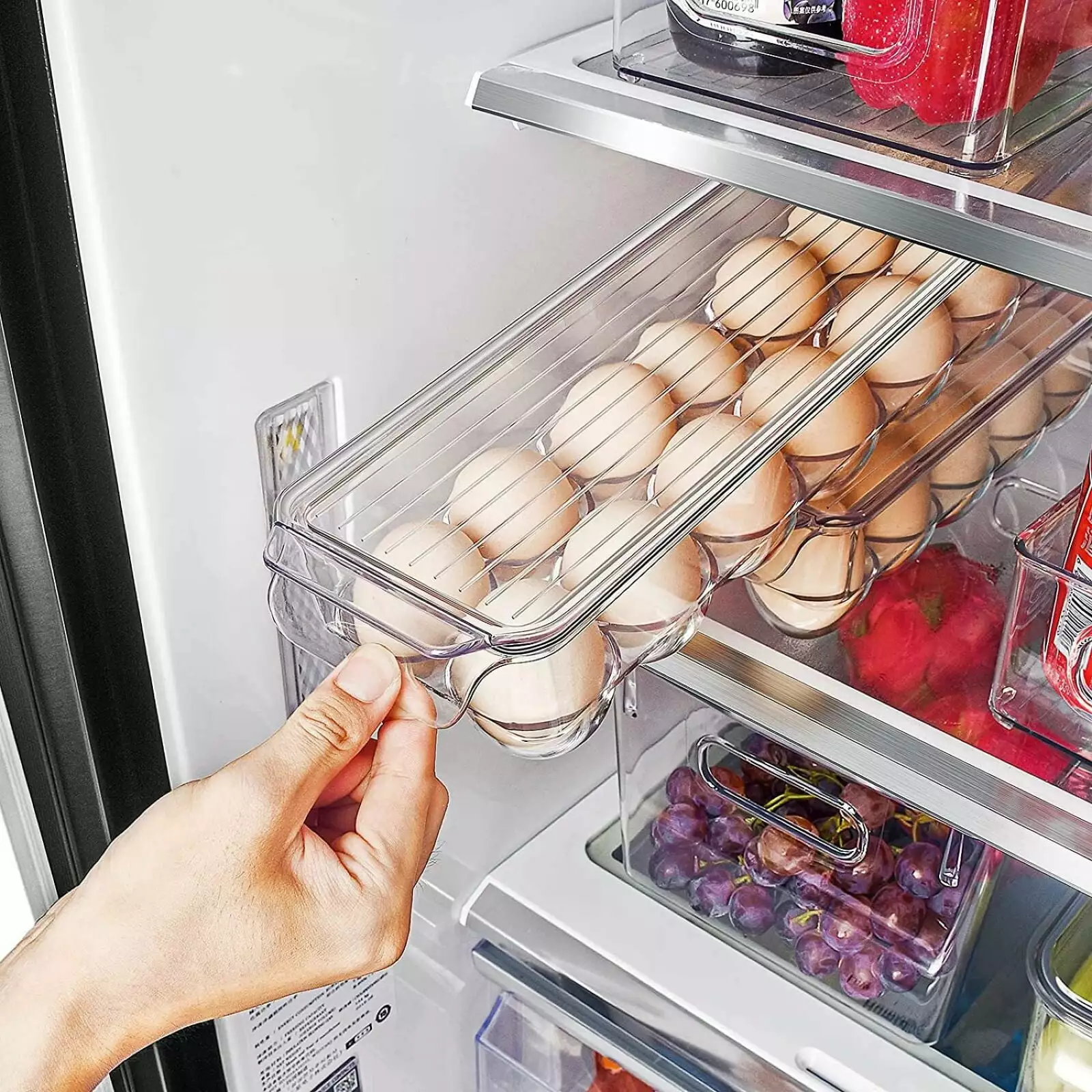 SDJMa Egg Organizer Container for Fridge - Refrigerator Storage Holder Tray: Eggs Plastic Drawer Bins. Clear Box. Stackable Large Containers Refrigerator Organizer Bins