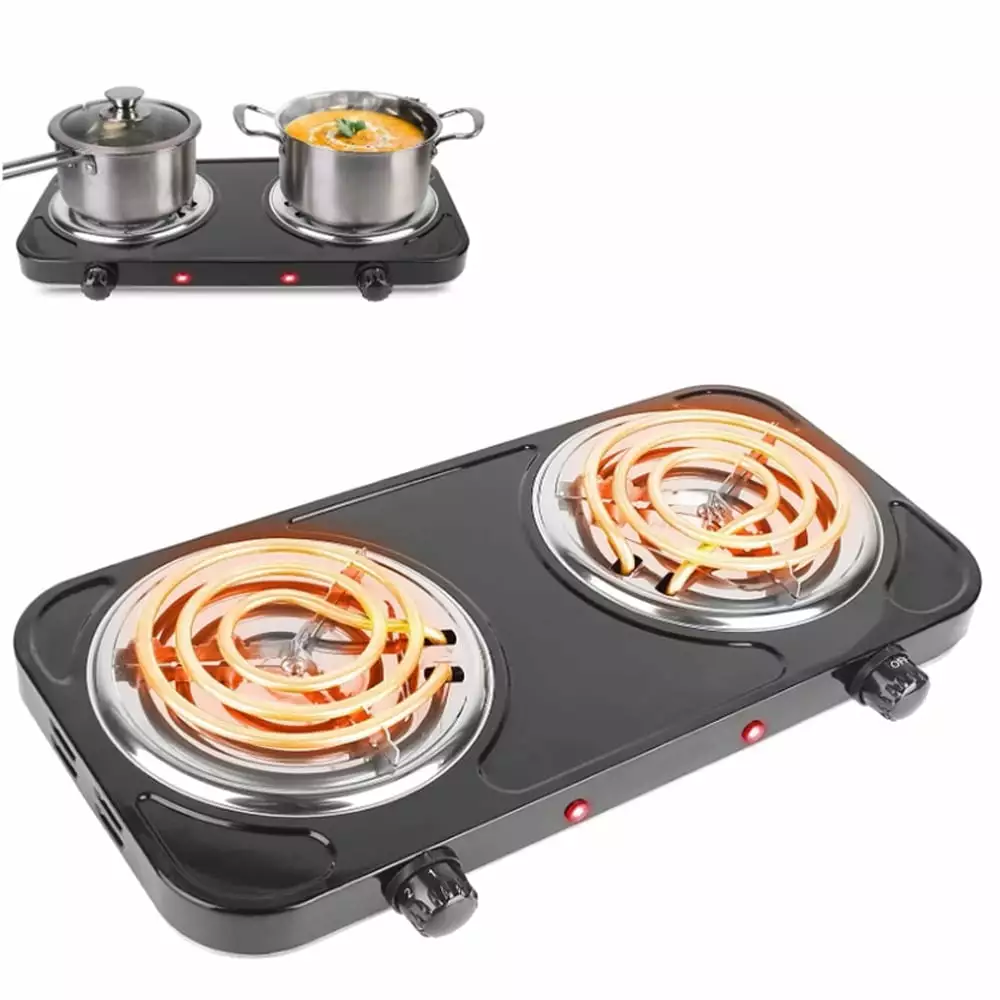 SOONHUA Electric Stove. Double Burner Cooktop. Compact and Portable. 5 Adjustable Temperature Double Hot Plate. 2000 Watts. Black & Stainless