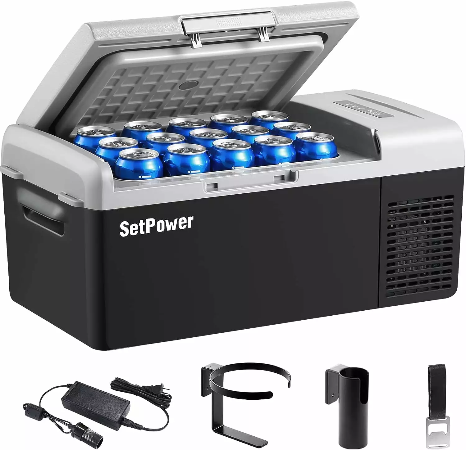 Setpower FC15 12V Portable Refrigerator with AC Adapter. 15.8 Quart Car Freezer Fridge for Camping. Fast Cooling. -4?H-68?H. 3-Year Warranty. Car. RV. Truck. Home and Outdoor Use. DC & AC. Black