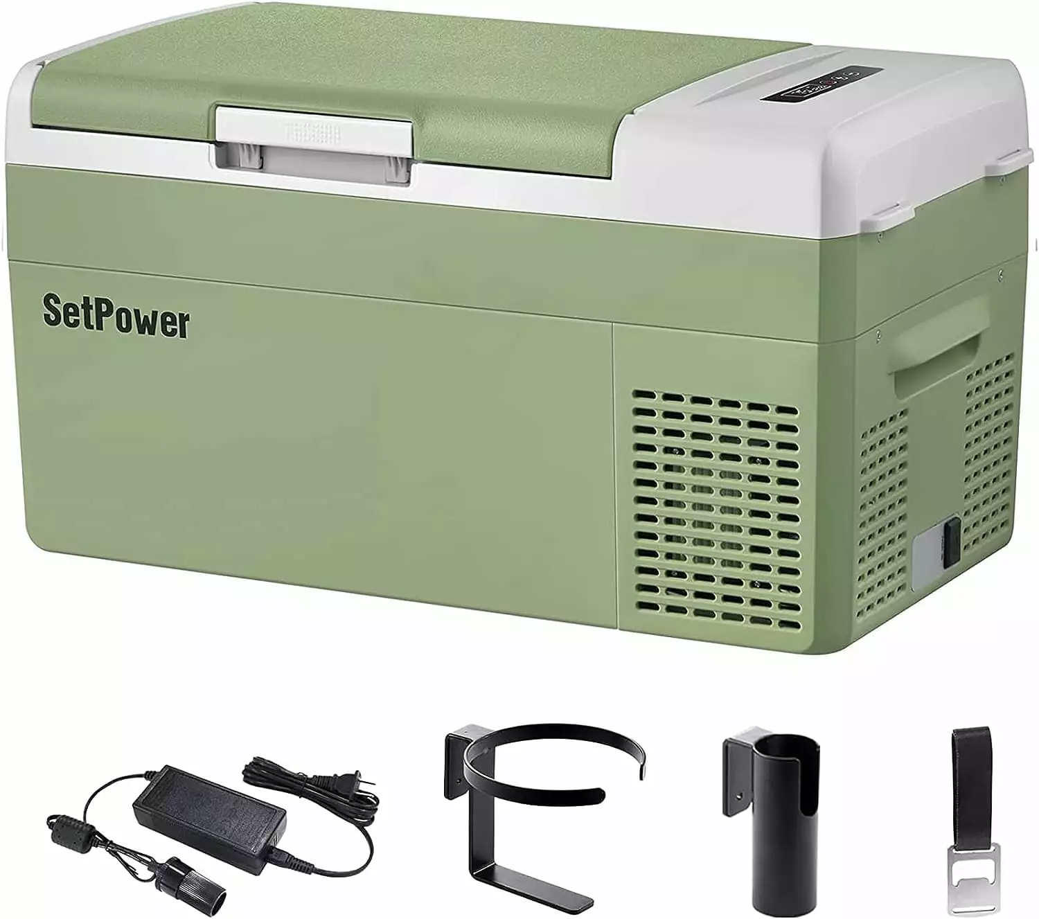 Setpower FC20 12V Portable Refrigerator with AC Adapter. 21 Quart Car Freezer Fridge for Camping. Fast Cooling. -4?H-68?H. 3-Year Warranty. Car. RV. Truck. Home and Outdoor Use. DC & AC. Green