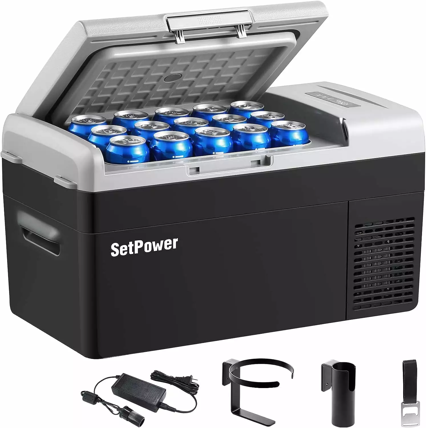 Setpower FC20 12V Portable Refrigerator with AC Adapter. 21 Quart Car Freezer Fridge for Camping. Fast Cooling. -4?H-68?H. 3-Year Warranty. Car. RV. Truck. Home and Outdoor Use. DC & AC. Black