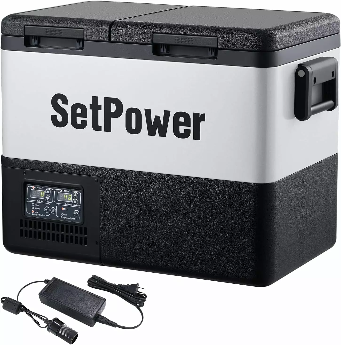 Setpower PT45 12V Portable Car Refrigerator Freezer with AC Adapter. 48 Quart Dual Zone Outdoor Fridge. 0?H-50?H. Separate Temperature Control. 3-Year Warranty. Camping. RV. and Home Use. DC & AC