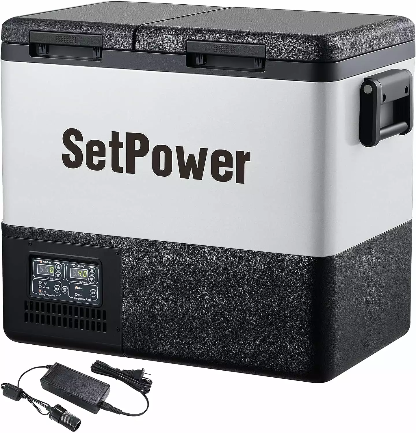 Setpower PT55 12V Portable Car Refrigerator Freezer with AC Adapter. 58 Quart Dual Zone Outdoor Fridge. 0?H-50?H. Separate Temperature Control. 3-Year Warranty. Camping. RV. and Home Use. DC & AC