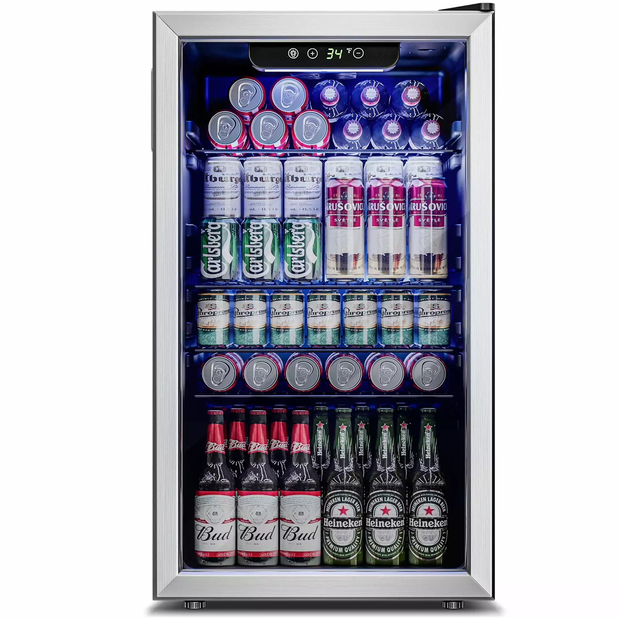 Simzlife 126 Can Beverage Refrigerator and Cooler with Glass Door for Home. 17.5 in D. 31.5 in H. Silver