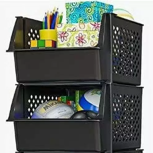 Skywin Plastic Stackable Storage Bins for Pantry - Stackable Bins For Organizing Food. Kitchen. and Bathroom Essentials (Black. 2-Pack)