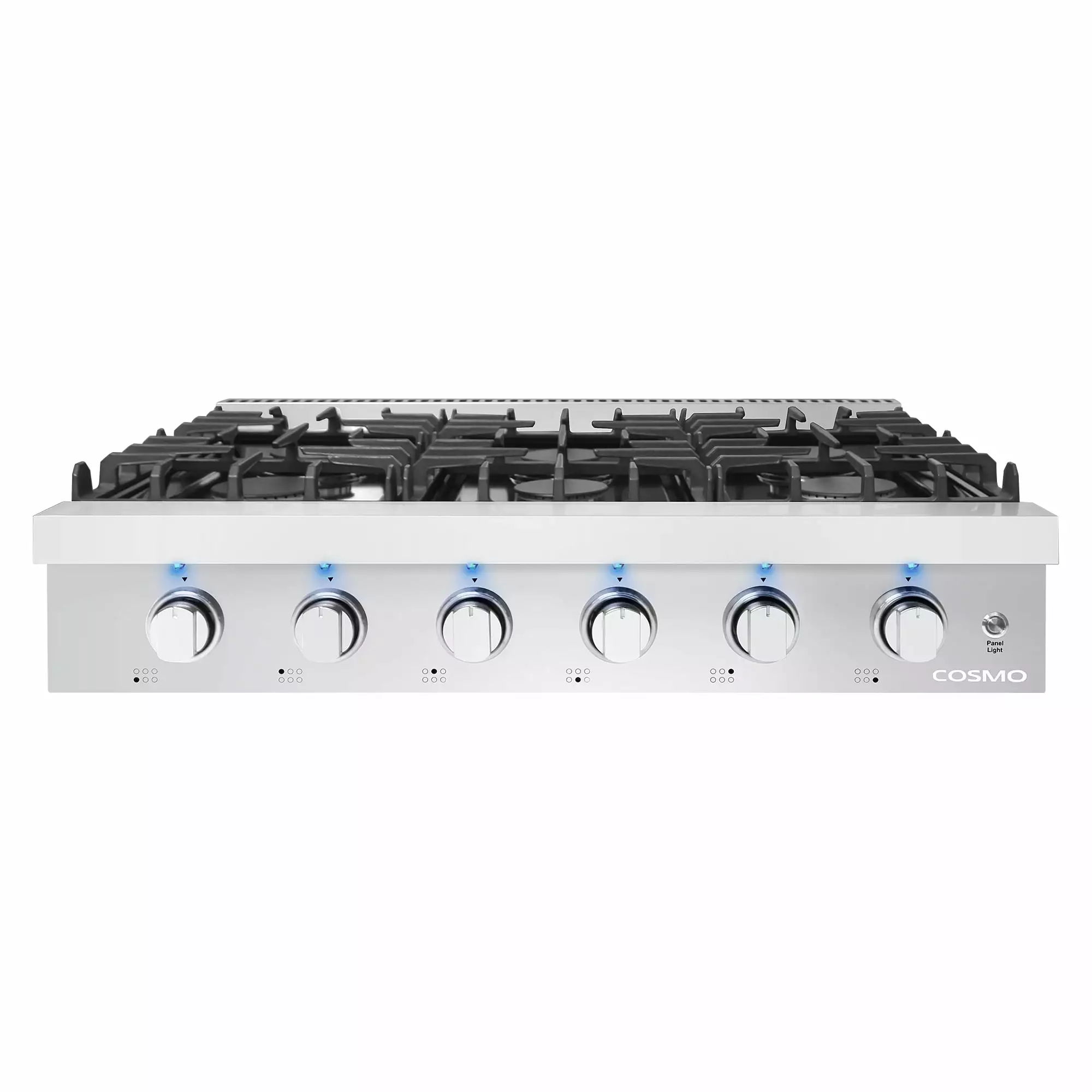 Slide-In Counter Gas Cooktop with 6 Sealed Italian Burners. Black Porcelain Surface. Cast Iron Grates. Metal Knobs in Stainless Steel