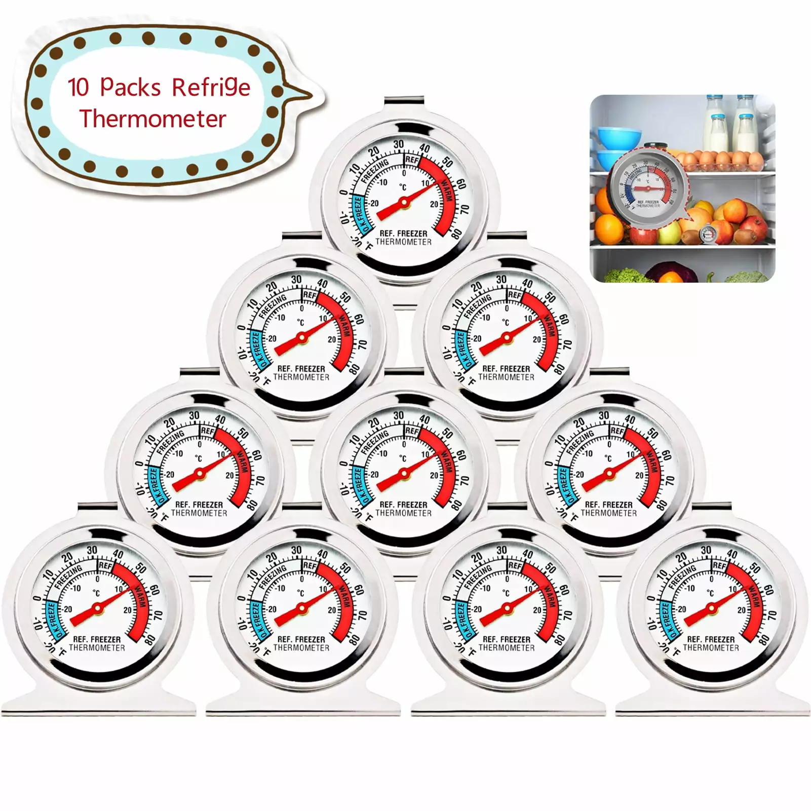 Springcorner 10 Packs Refrigerator Thermometer Fridge Thermometer Stainless Steel Freezer Thermometer with Red Indicator Large Dial Thermometers for Freezers Monitoring Thermometer for Home Kitchen