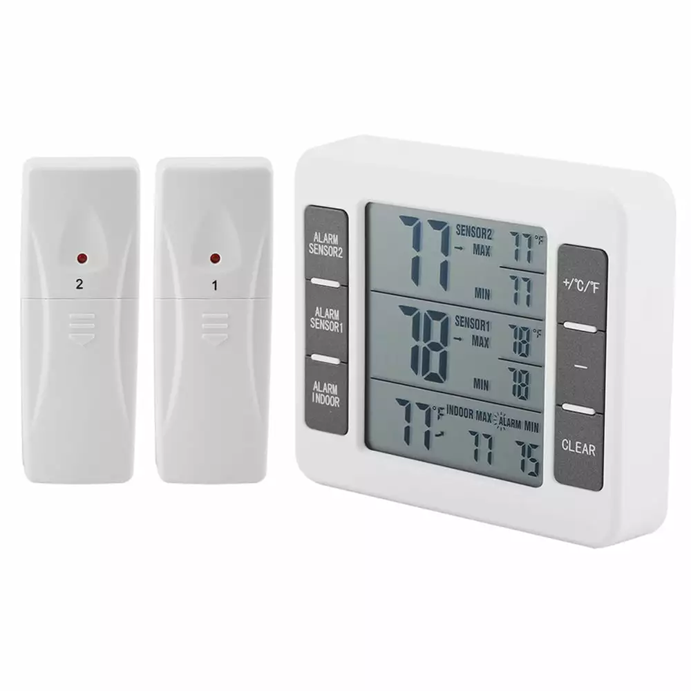 Suzicca Wireless Digital Refrigerator Thermometer Audible Alarm Indoor Outdoor Thermometer with Sensor Freezer Thermometer Min/Max Temperature Record