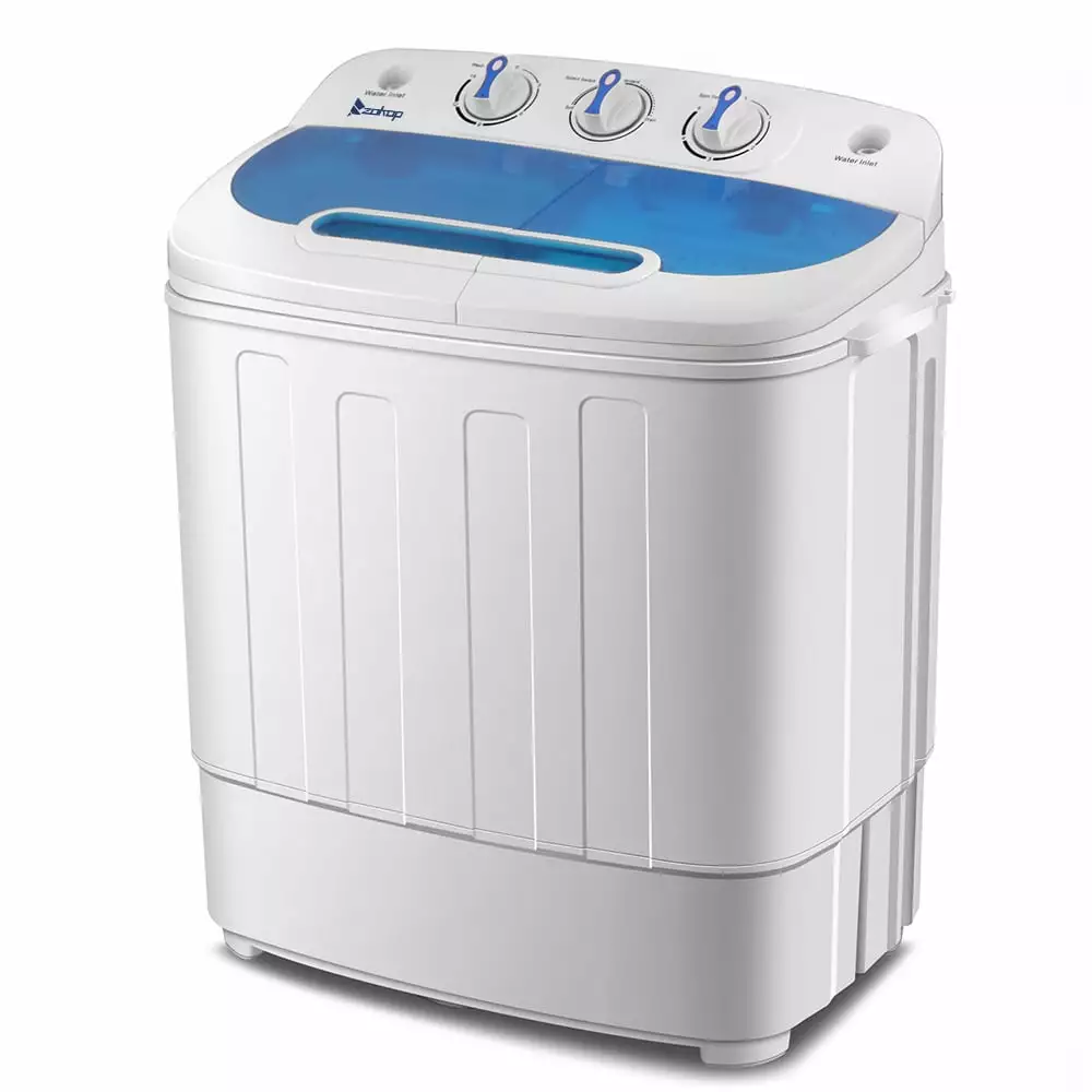 Tcbosik Semi-automatic Twin Tube Washing Machine with Built-in Drain Pump. 13lbs (8lbs+5lbs) Compact Washer for Home. Apartment. Dorm. US Standard. White & Blue