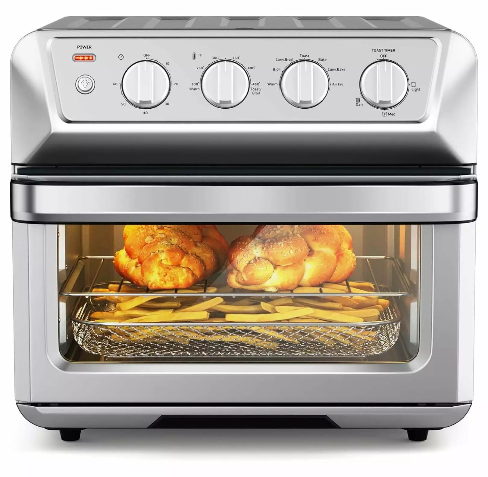 Toaster Oven Air Fryer Combo 21.5 Quart. Xl Large Convection Countertop Oven. Stainless Steel Kitchen Oilless Cooker with 4 Cooking Accessories & Recipe. 1800W. Silver