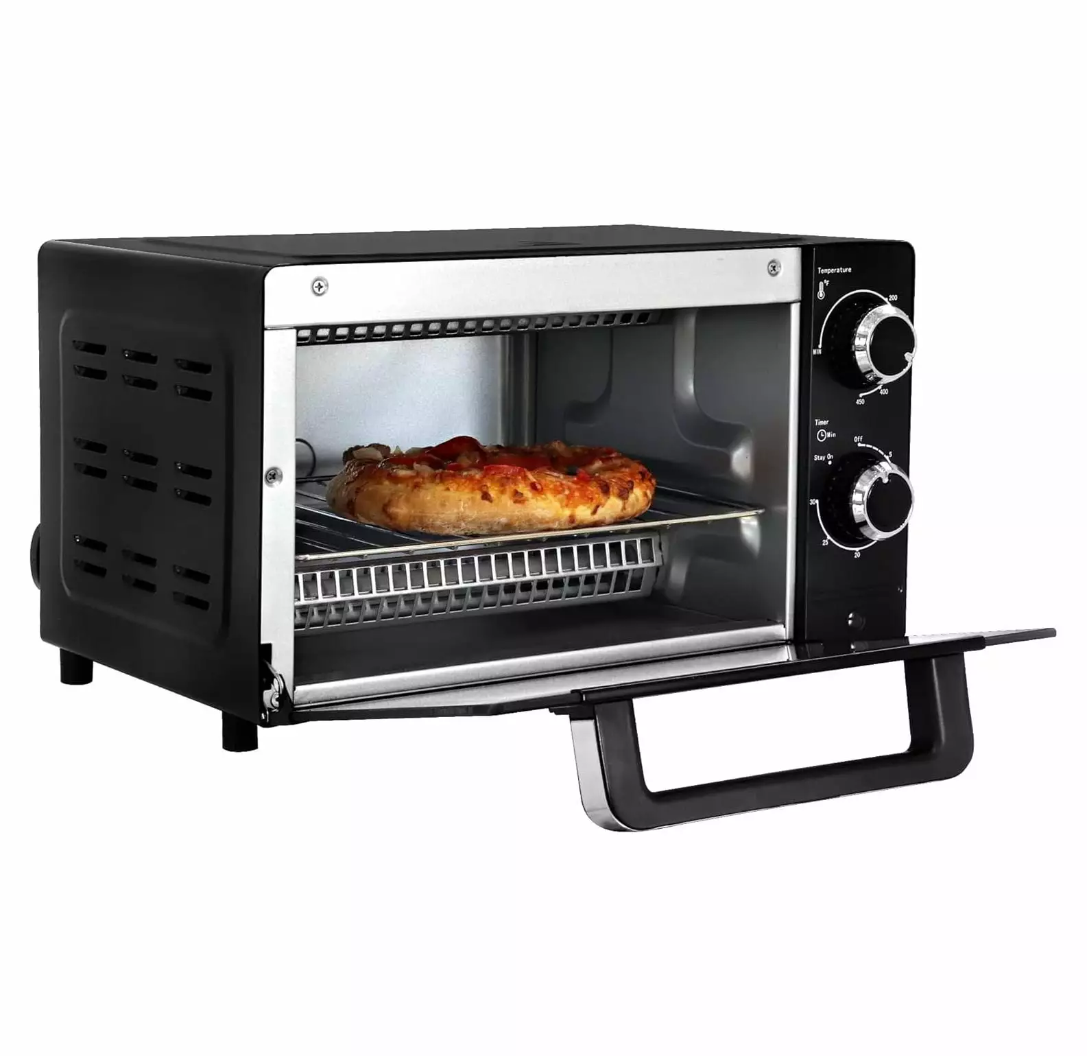 Total Chef 4-Slice Natural Convection Toaster Oven. Fits a 9 Inch Pizza. Compact Countertop Oven. 30 Minute Timer. 200-450F (93-232C) Temperature Range. Bake. Toast. Roast. Black and Stainless Steel