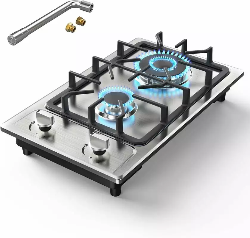 VBGK Gas Stove 2 Burner.Propane Cooktop 12 inch. Portable Gas Cooktop Stainless Steel Gas Burner with Thermocouple Protection. Lpg/Ng Dual Fuel Built-in Gas Stove Top. Silver