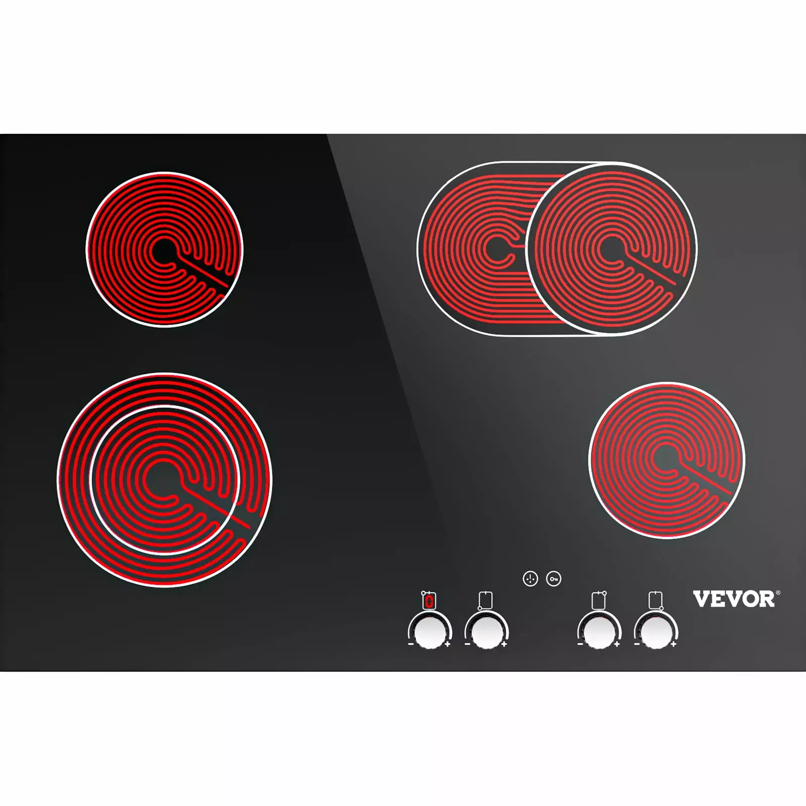 VEVOR Built in Electric Stove Top. 30 inch 4 Burners. 220V Ceramic Glass Radiant Cooktop with Knob Control. Timer & Child Lock Included. 9 Power Levels with Boost Function for Simmer Steam Fry