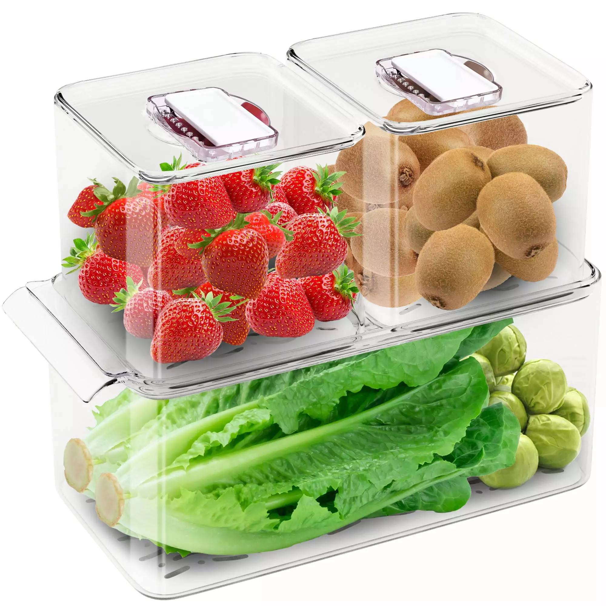 WAVELUX Produce Saver Containers for Refrigerator. Food Fruit Vegetables Storage. 3 Pcs Stackable Freezer Fridge Organizer. Fresh Keeper Drawer Bin Basket with Vented Lids & Removable Drain Tray