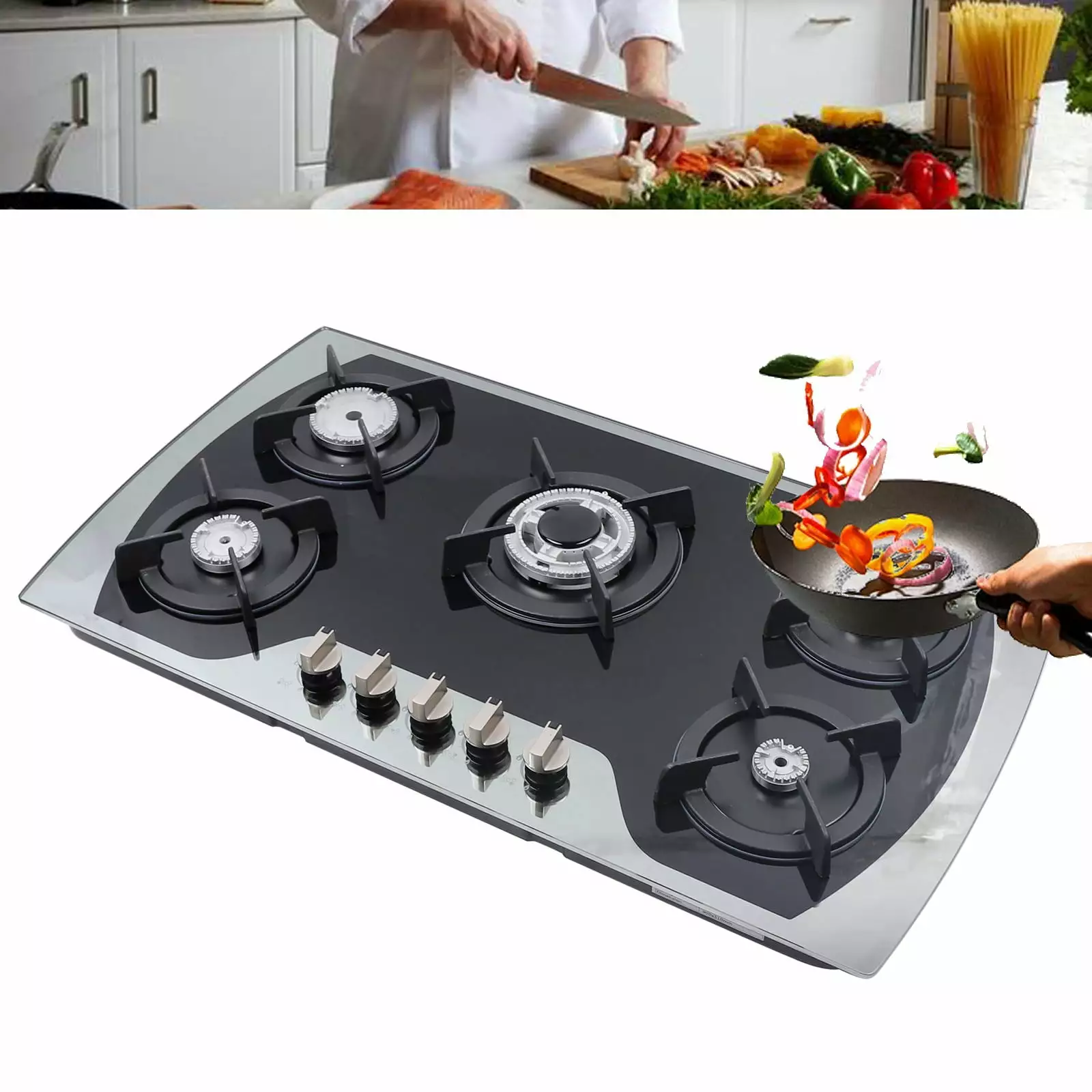 WUZSTAR 5 Burners Built-in Gas Cooktop.Stainless Steel Gas Hob Stove Automatic Pulse Ignition Countertop Stove