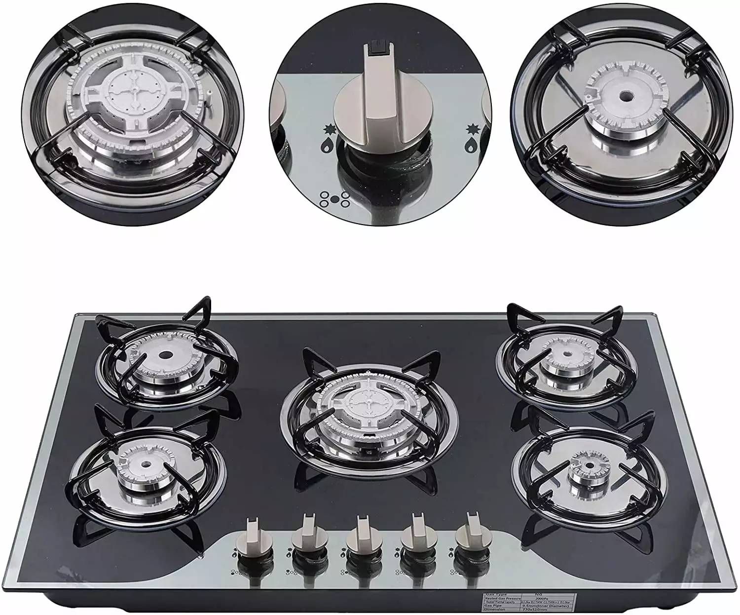 WUZSTAR 5 Burners Gas Hobs Built-in Kitchen Cooker Stove Cooktop LPG/NG Gas Black