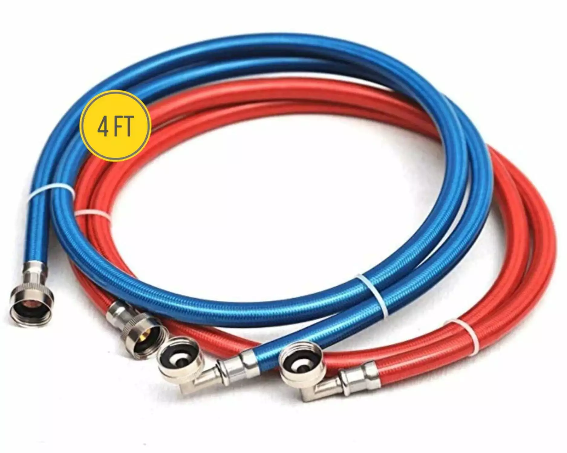 Washing Machine Hoses Stainless Steel Braided 90 degree elbow Water Supply Line - Premium 4 ft Burst Proof (2 pack) with Hot and Cold Color Coded Third Layer