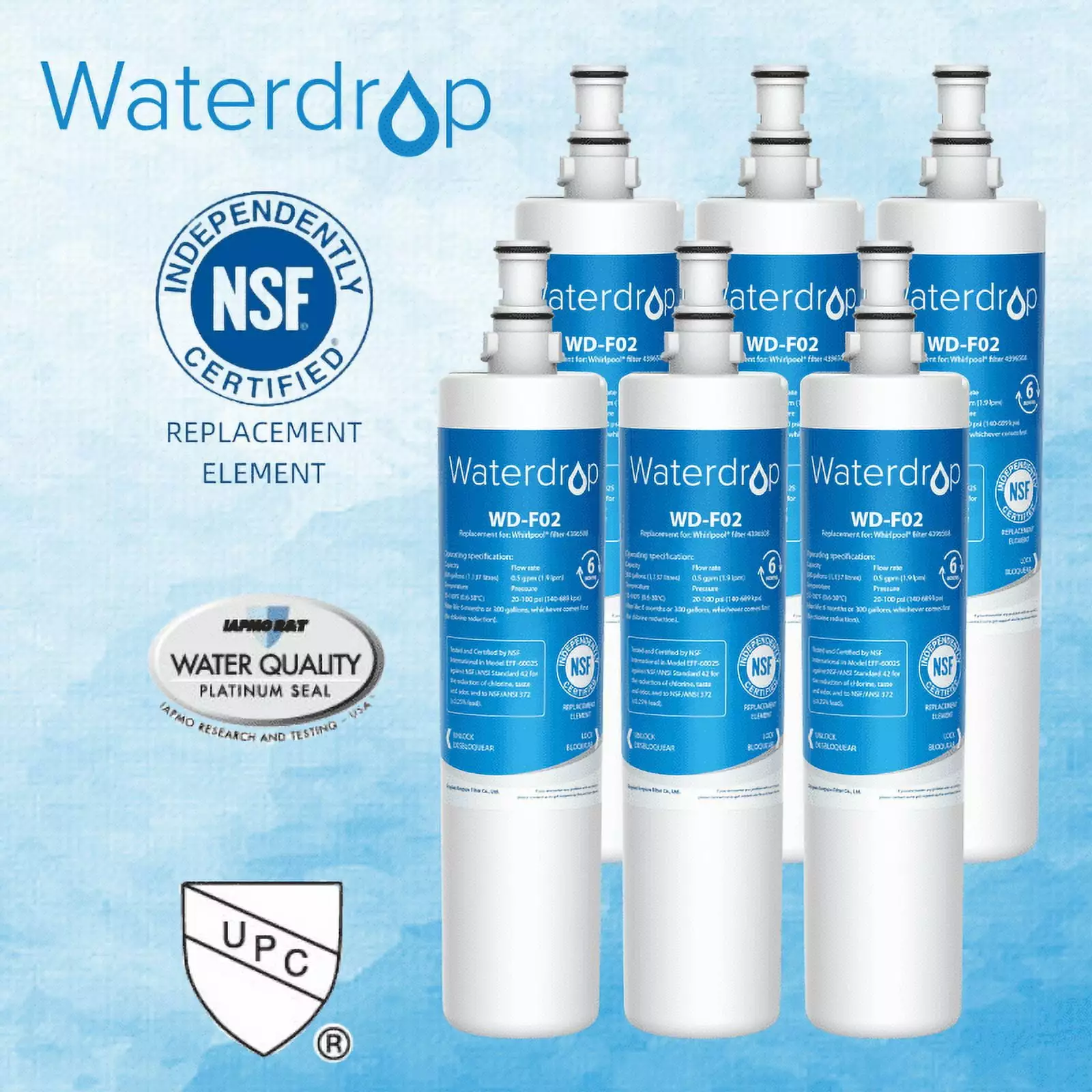 Waterdrop 4396508 Replacement for Whirlpool 4396508 4396510. EDR5RXD1. NLC240V. PNL240V. Everydrop Filter 5 Refrigerator Water Filter. 6 Pack