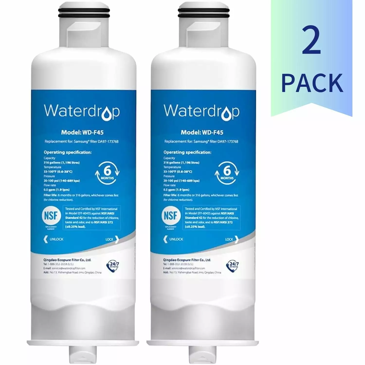 Waterdrop DA97-17376B HAF-QIN/EXP Refrigerator Water Filter. Replacement for Samsung DA97-08006C. HAF-QIN. DA97-17376B. NSF 42 Certified (2 Pack)