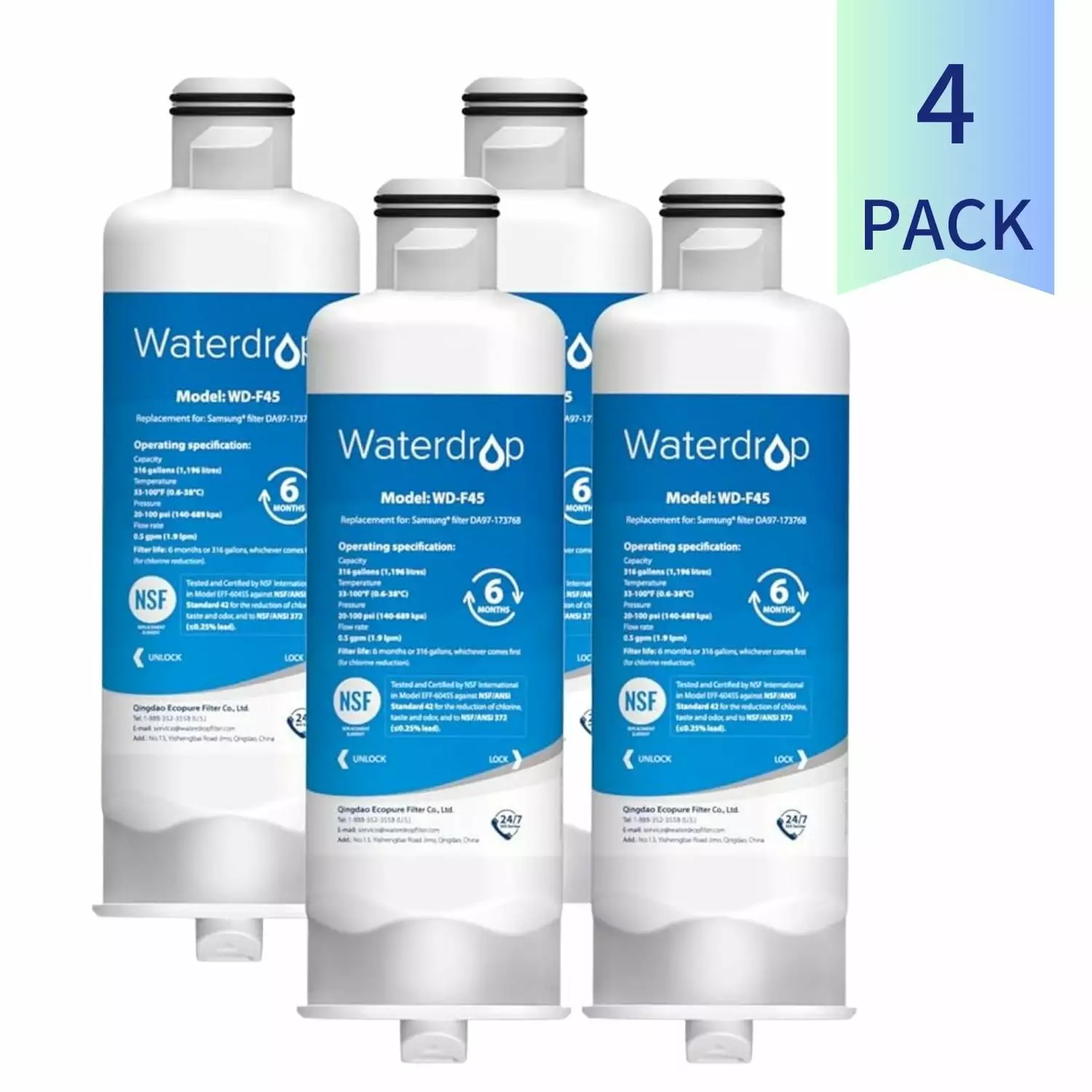 Waterdrop DA97-17376B HAF-QIN/EXP Refrigerator Water Filter. Replacement for Samsung DA97-17376B. DA97-08006C. NSF 42 Certified. 4 Pack