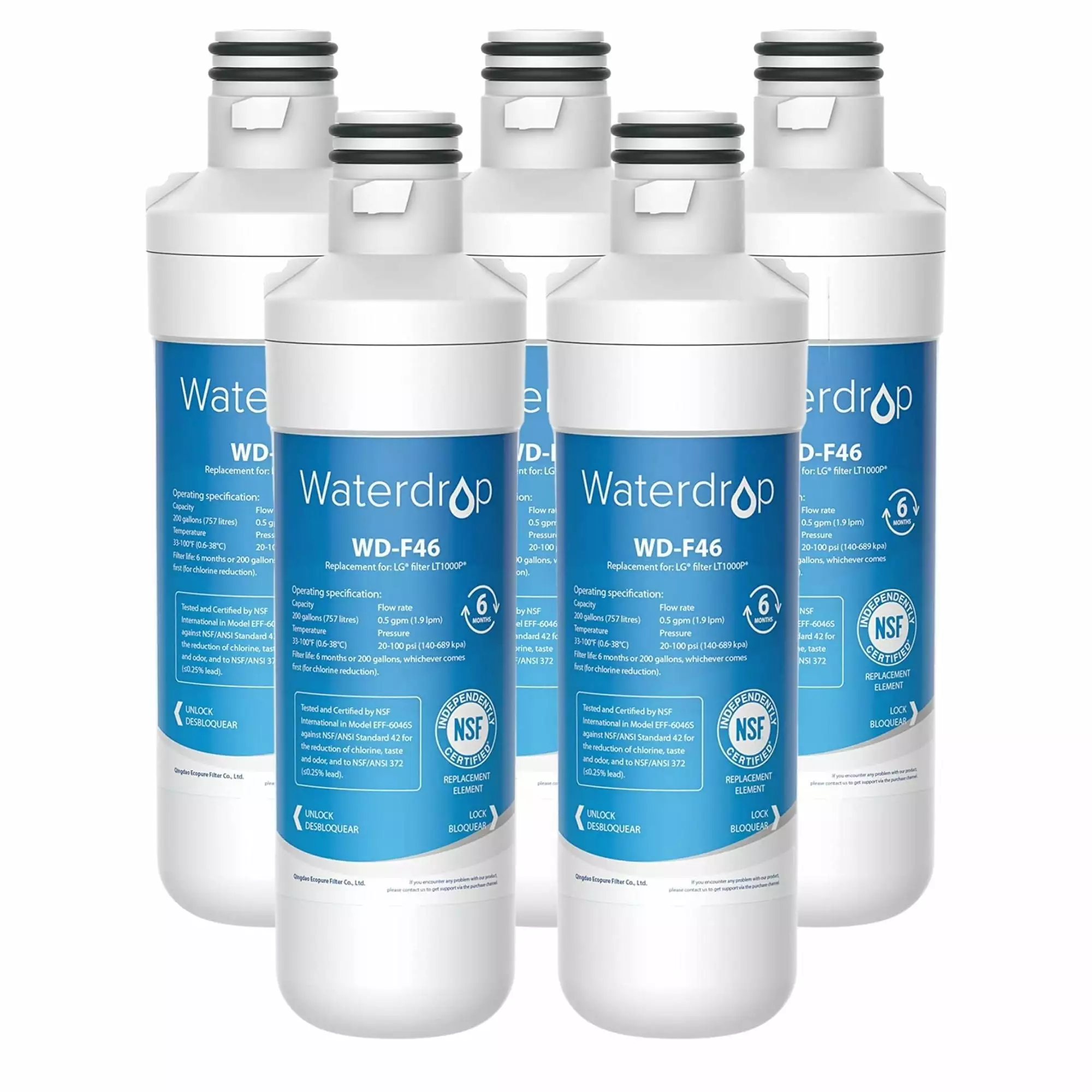 Waterdrop LT1000PC ADQ747935 MDJ64844601 Refrigerator Water Filter. Replacement for LG? LT1000P?. ADQ74793501. ADQ74793502. Kenmore 46-9980. 9980. LFXC24796S. LSFXC2496D. NSF Certified. Pack of 5