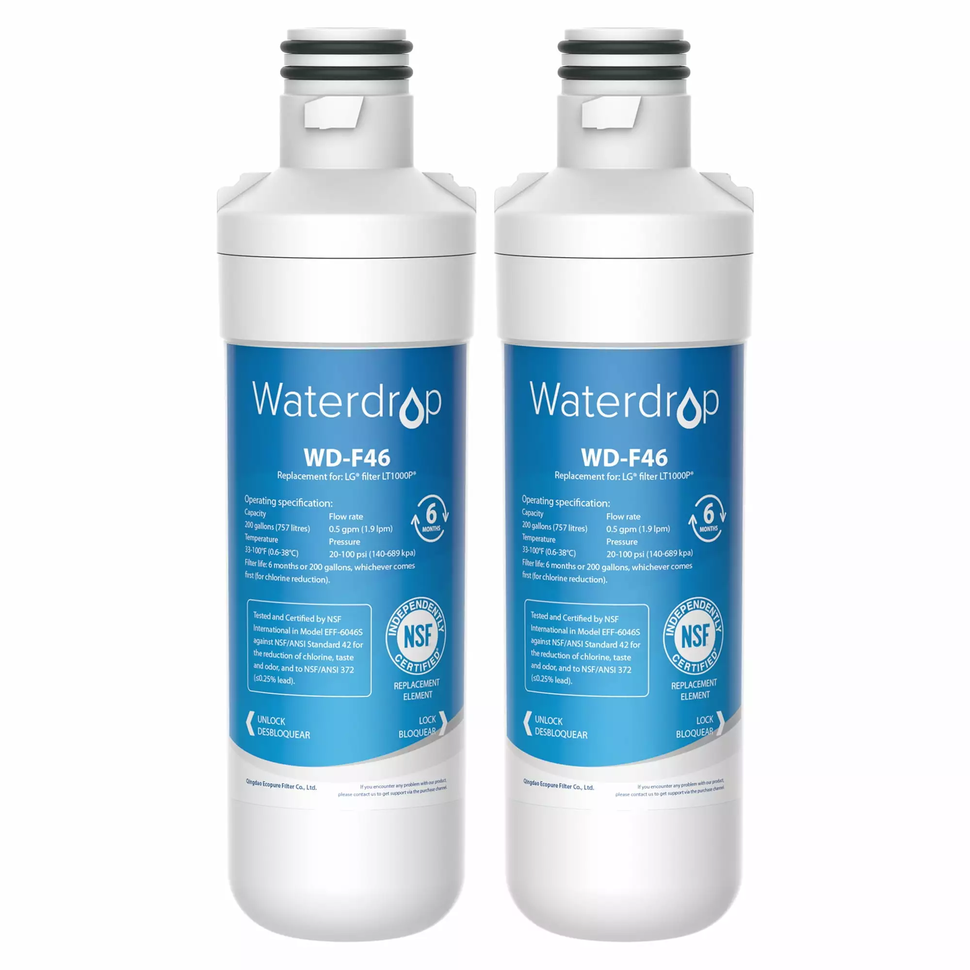 Waterdrop LT1000PC ADQ747935 MDJ64844601 Refrigerator Water Filter. Replacement for LG? LT1000P?. ADQ74793501. ADQ74793502. Kenmore 46-9980. LFXC24796S&D. NSF Certified. Pack of 2. Package May Vary