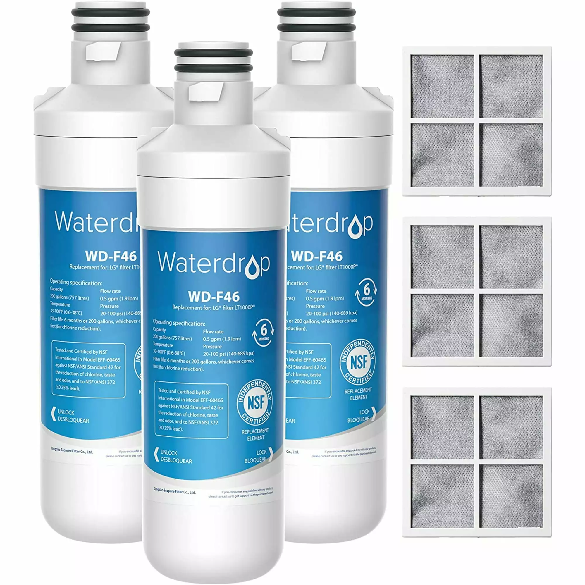 Waterdrop LT1000PC ADQ747935 Refrigerator Water Filter and Air Filter. Replacement for LG? LT1000P?. LMXS28626S. LFXS26973S. LFXS26596S. LFXS26973S. ADQ74793501. ADQ74793502 and LT120F?. 3 Combo