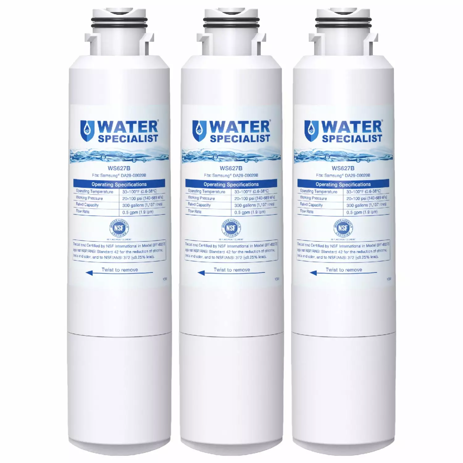 Waterspecialist DA29-00020B Refrigerator Water Filter. Replacement for Replacement for Samsung HAF-CIN/EXP. DA29-00020A/B. DA29-00020B-1. RF263BEAESR. RF28HMEDBSR. RS25J500DSR. 3 Filters