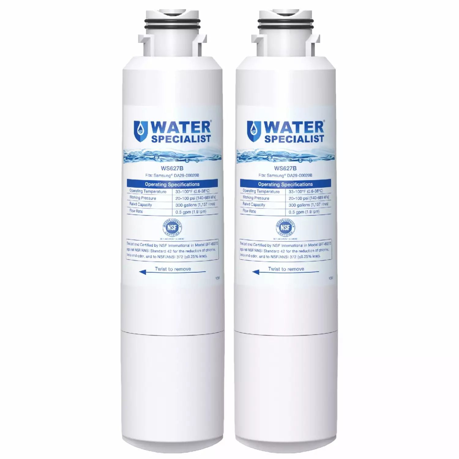 Waterspecialist DA29-00020B Refrigerator Water Filter. Replacement for Samsung HAF-CIN. HAF-CIN/EXP. DA29-00020A/B. DA97-08006A. DA2900020B. RF28HMEDBSR. RF4287HARS. 2 Filters