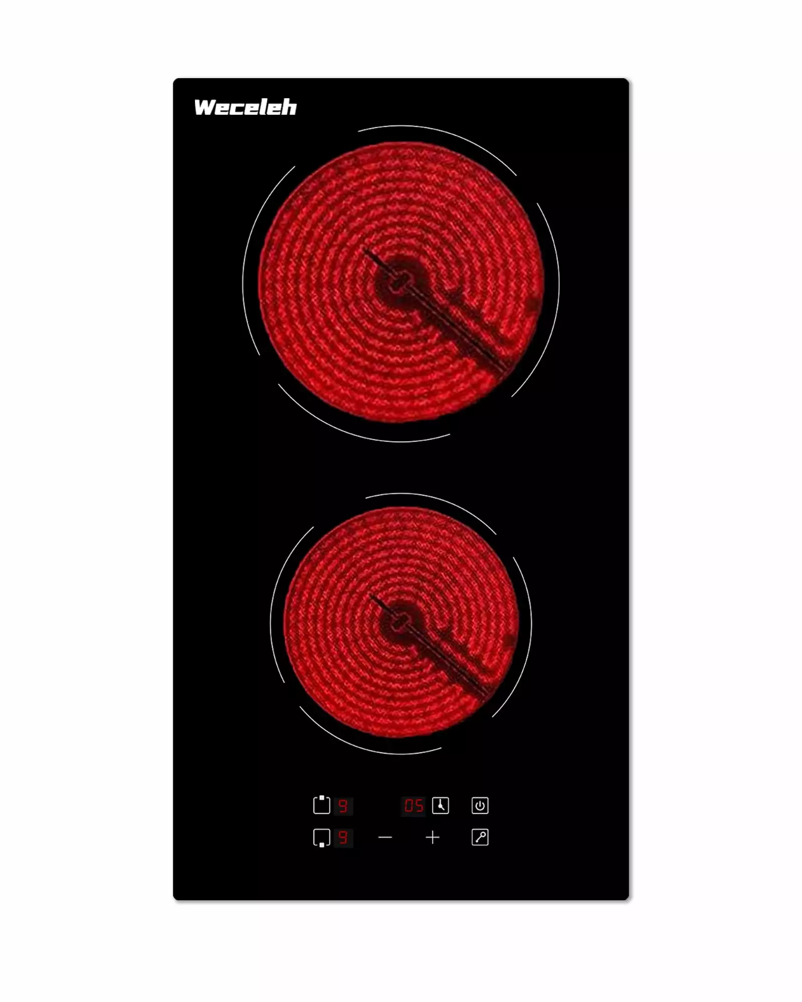 Weceleh 2 burner Electric Cooktop. 12 Inch Built-in Electric Stove Top 3000W. Ceramic cooktop with two Burners 220-240V(No Plug). Child Safety Lock. Timer. 9 Heating Levels. Sensor Touch Control