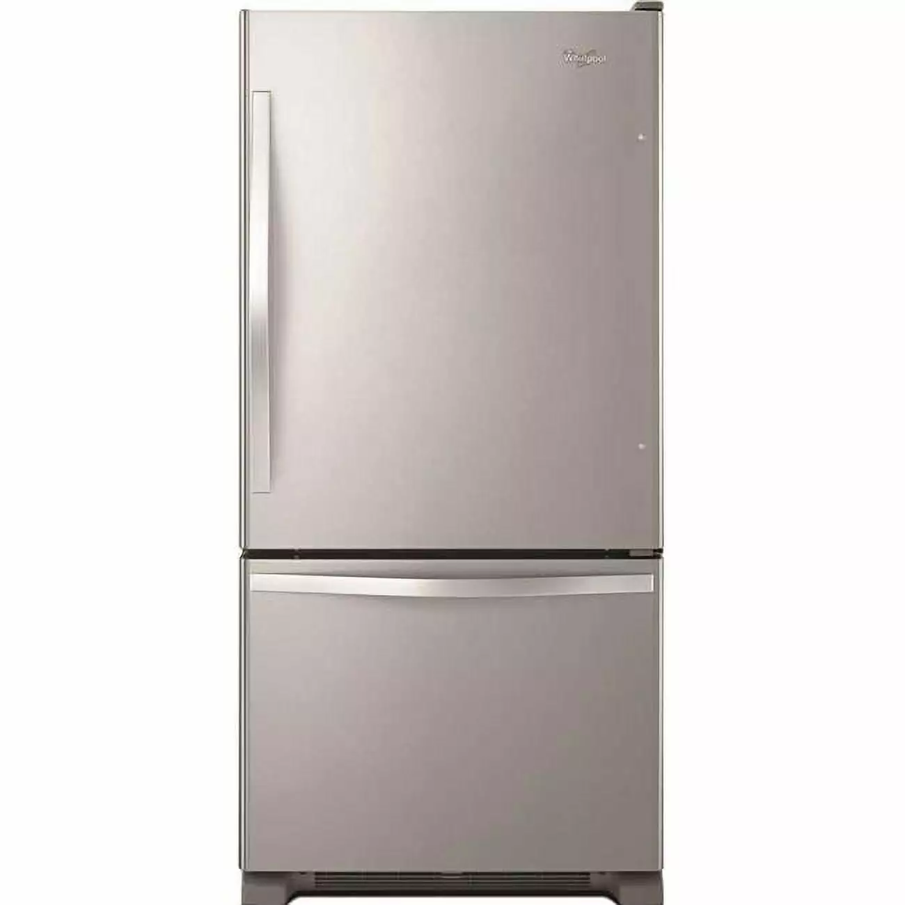 Whirlpool 30 Inch Bottom-Freezer Refrigerator with 18.5 cu. ft. Capacity. 5 SpillGuard Glass Shelves. Humidity Controlled Crispers