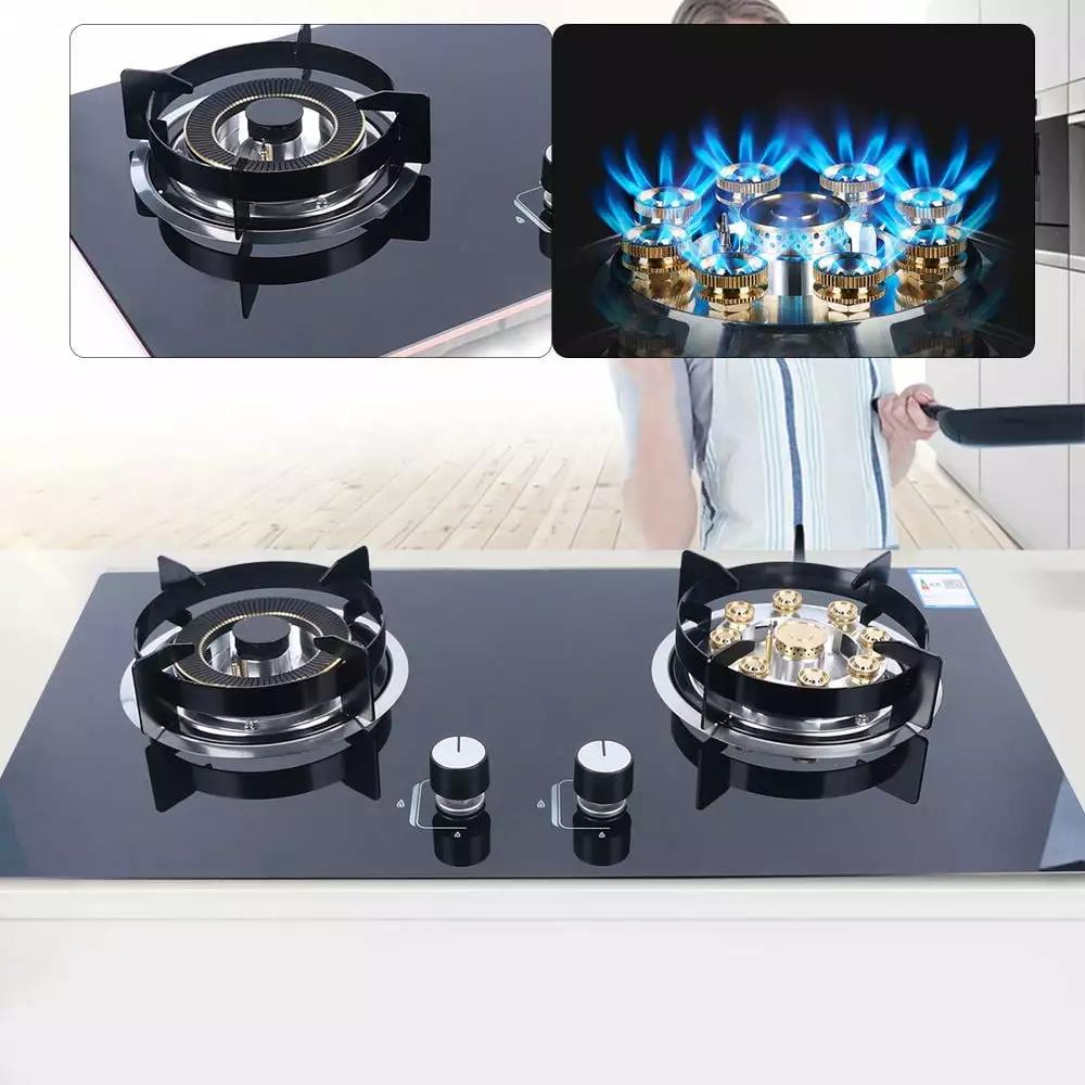 Wuzstar 2 Burner Gas Cooktop Stove Built-in LPG&NG Kitchen Gas Stove with Black Tempered Glass Panel