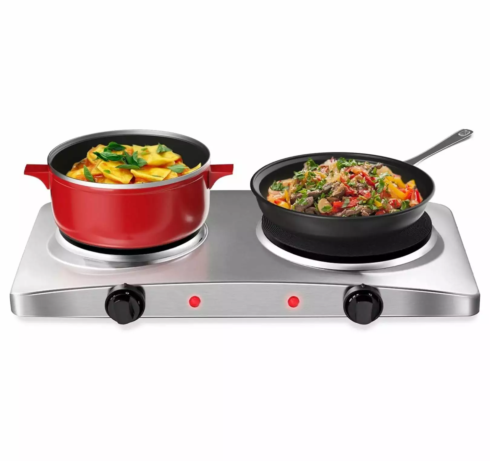 YeSayH Double Cast Iron Burner. Countertop Powerful Stainless Steel Double Hot Plate Stove with Adjustable Temperature Control. Easy To Clean. Electric Kitchen Cooktop. 1800W