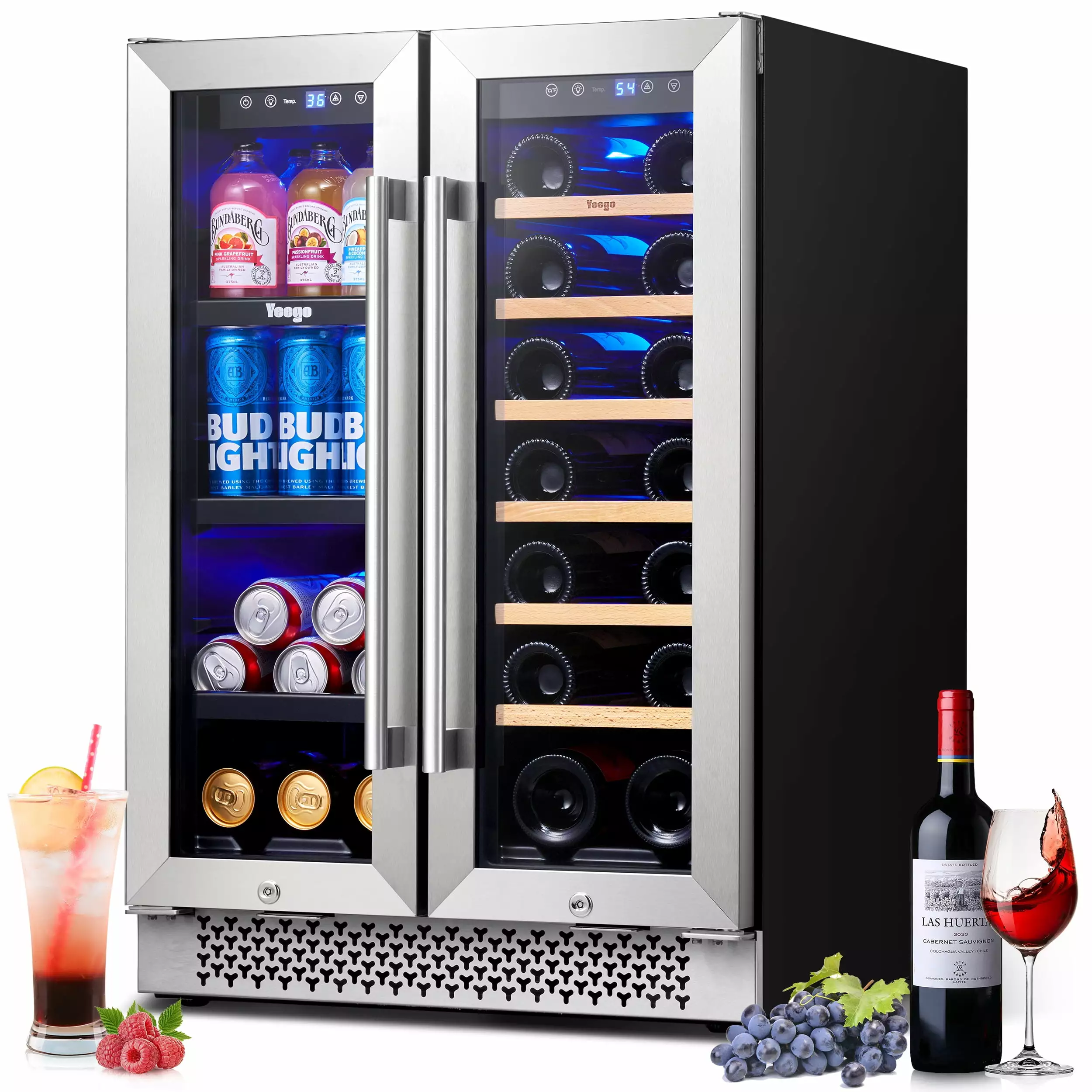 Yeego 24 inch Wine and Beverage Refrigerator. Hold 20 Bottles and 60 Cans. 36?H~72?H Digital Touch Control. Built-in or Freestanding Dual-Zone Wine Cooler Fridge with French Door