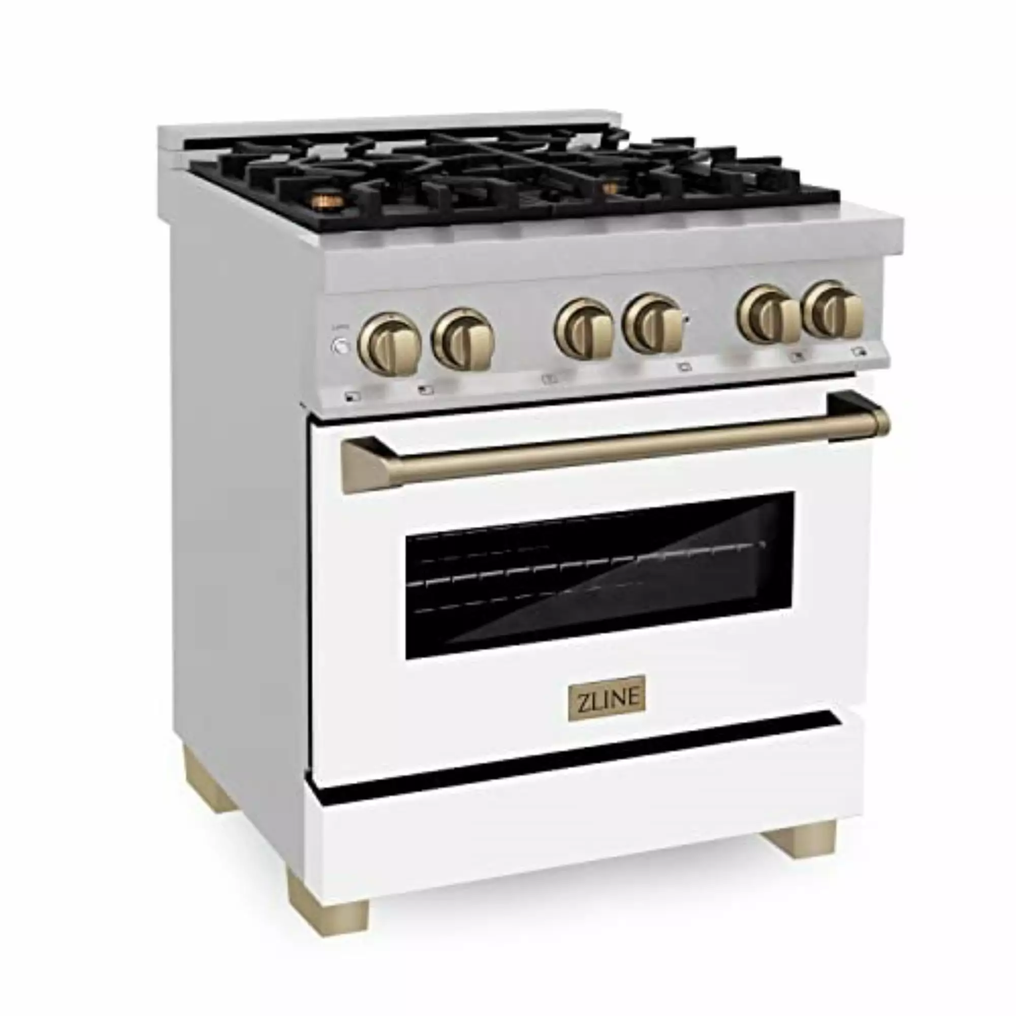 ZLINE 30 in. Autograph Edition Dual Fuel Range in DuraSnow Stainless Steel with White Matte Door and Champagne Bronze Accents (