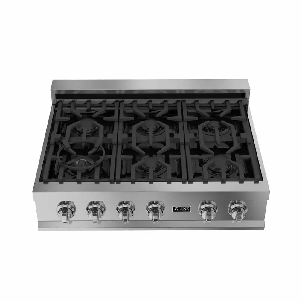 ZLINE 36 Italian Porcelain Rangetop with 6 Gas Cooktop Burners. Stainless Steel