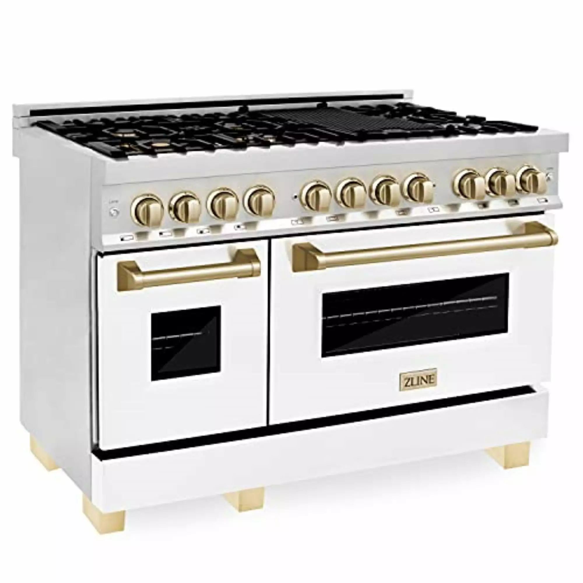 ZLINE 48 in. Autograph Edition Dual Fuel Range in Stainless Steel with White Matte Door and Gold Accents (RAZ-WM-48-G)