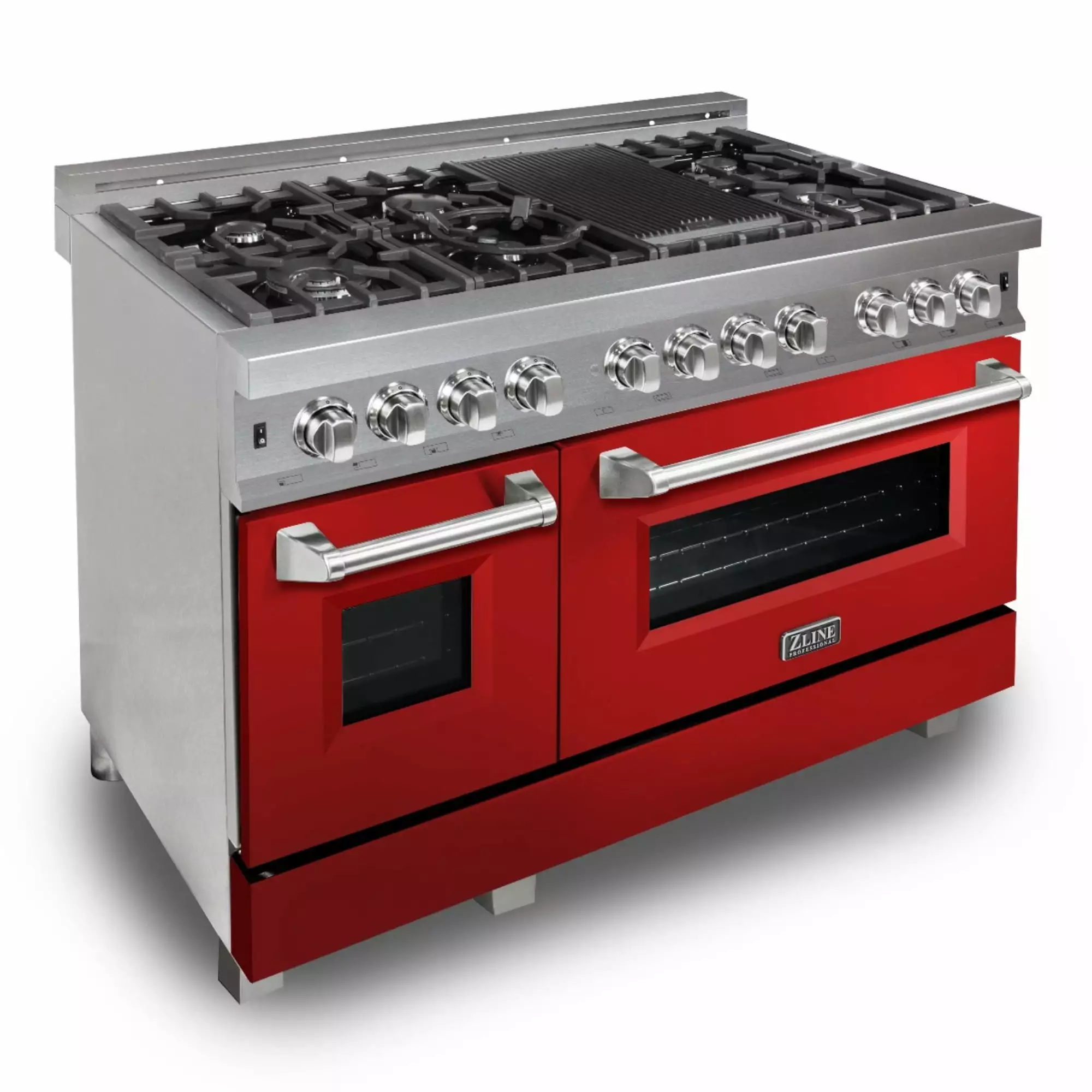 ZLINE 48 in. Professional Dual Fuel Range in DuraSnow Stainless Steel with Red Gloss Door (RAS-RG-48)