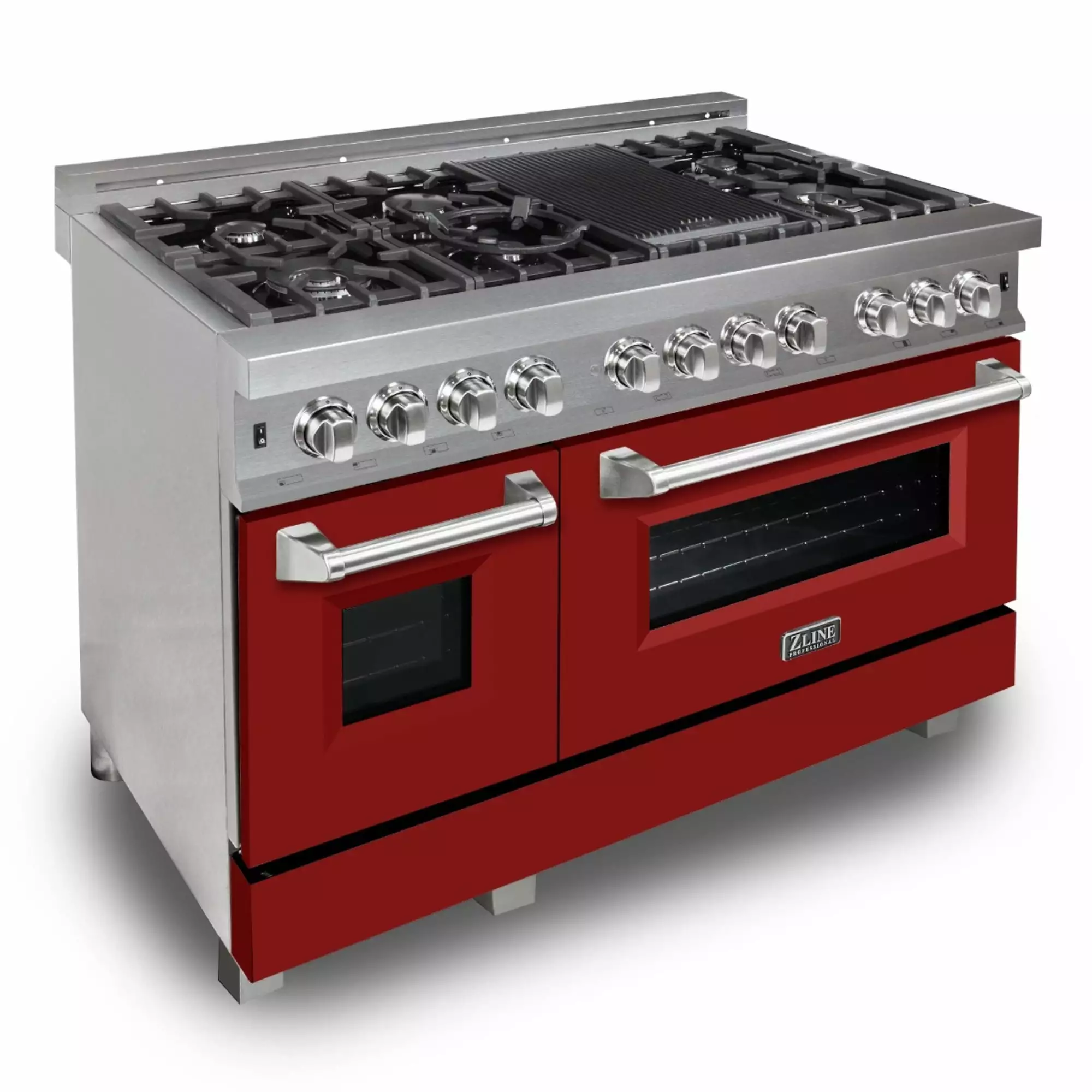 ZLINE 48 in. Professional Dual Fuel Range in DuraSnow Stainless Steel with Red Matte Door (RAS-RM-48)