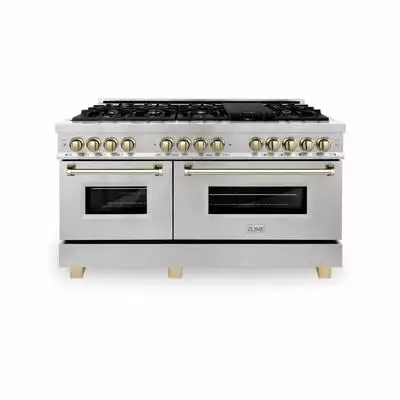 ZLINE Autograph Edition 60 7.4 cu. ft. Dual Fuel Range with Gas Stove and Electric Oven in Stainless Steel with Gold Accents (RAZ-60-G)