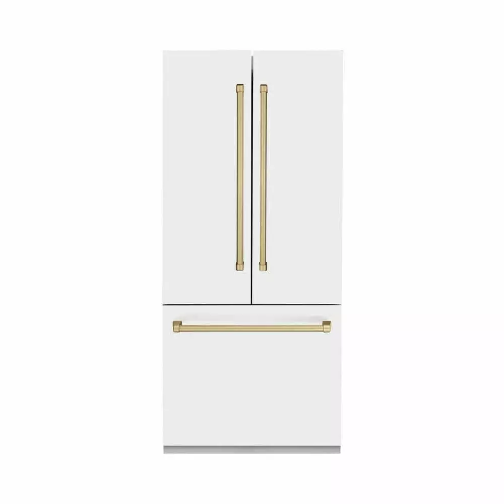 ZLINE RBIVZWM36CB 19.6 Cu. Ft. Counter Depth White Matte with Champagne Bronze Accents 3-Door French Door Refrigerator