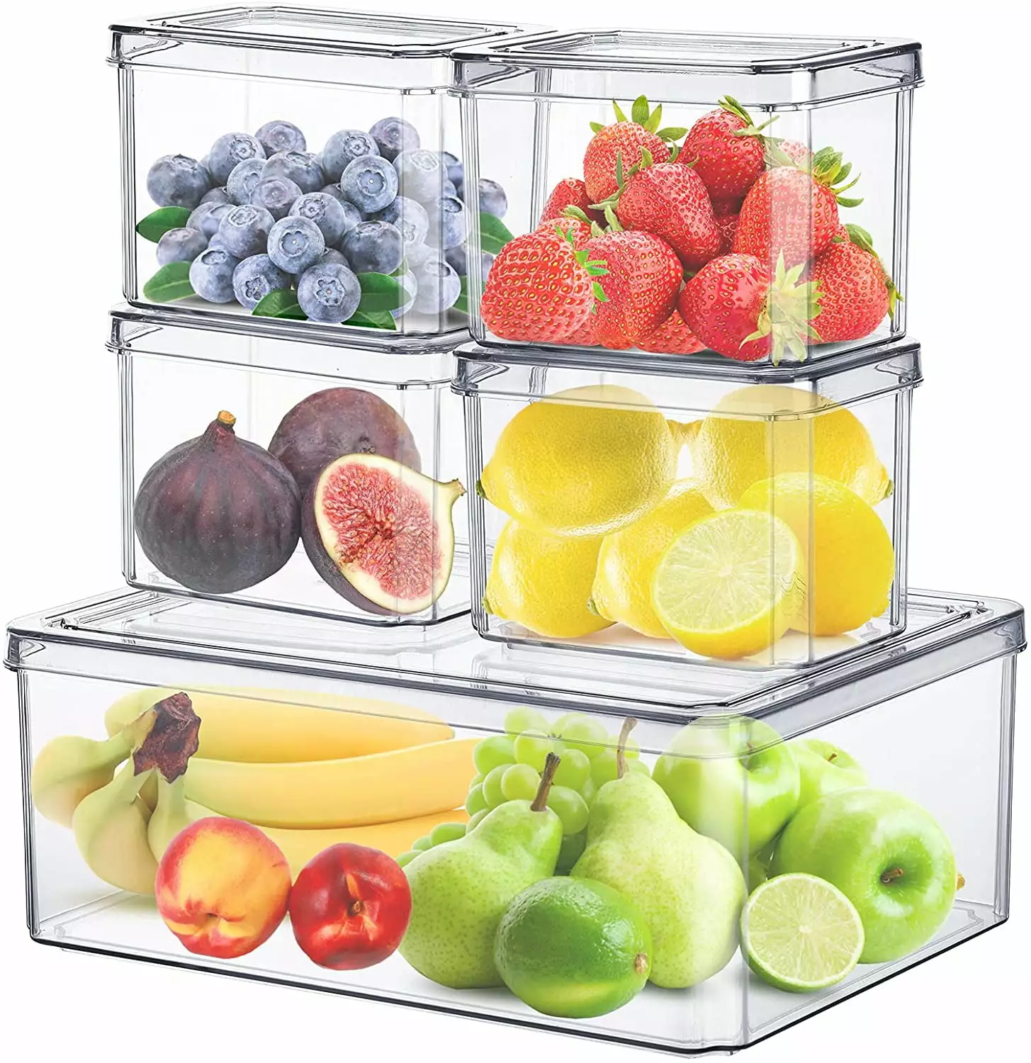 ZUDKSUY 5 Pack Fruit Containers for Fridge. Stackable Refrigerator Organizer with Lids. Cheese Pantry Storage Bins. Freezer Organizer for Keeping Food Fresh