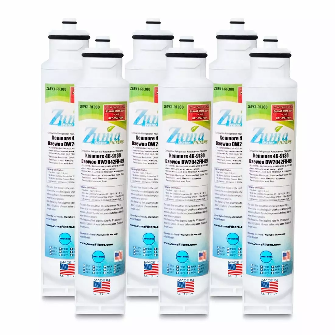 ZUMA Brand . Water and Ice Filter . Model # ZWFK1-RF300 . Compatible with Daewoo? / Kenmore? 46-9130 - 6 Pack - Made in U.S.A.