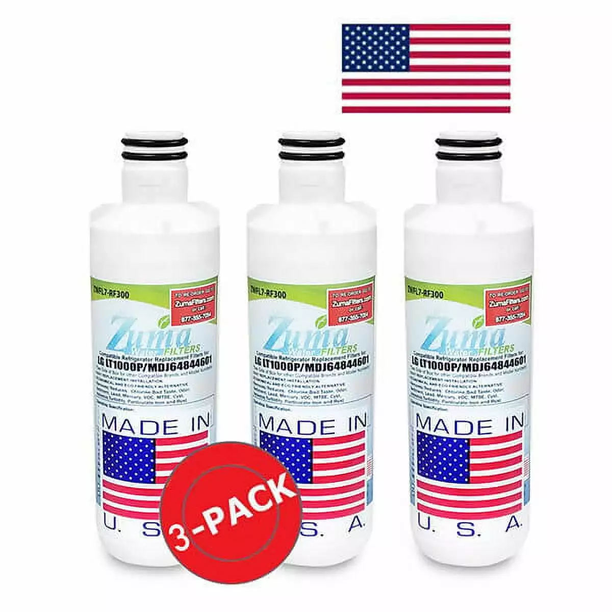 ZUMA Brand . Water and Ice Filter . Model # ZWFL7-RF300 . Compatible with LG? LSXC22396S - 3 Pack - Made in U.S.A.