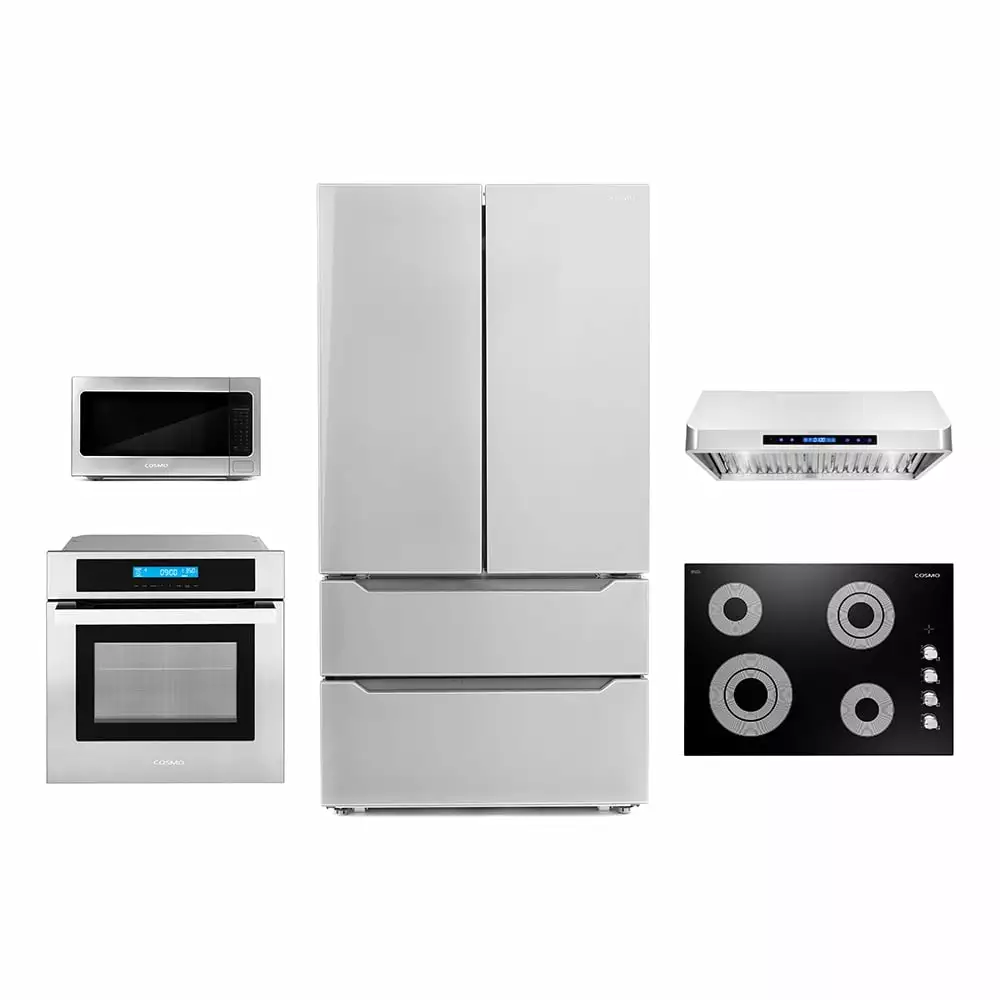 Cosmo 5 Piece Kitchen Appliance Package With 36 Electric Cooktop 36 Under Cabinet Range Hood 24 Single Electric Wall Oven 17.3 Countertop Microwave & French Door Refrigerator