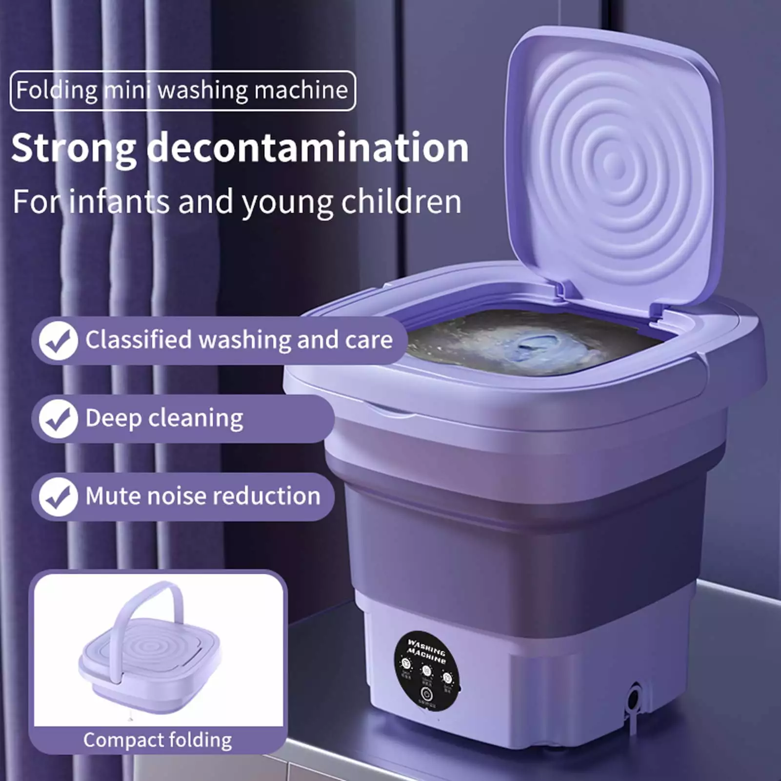 HEVIRGO Portable Washing Machine. 1 Set Mini 8L 3 Levels Timing Washing Machine. Intelligent Imitation Hand Washing Vibration Wave Folding Laundry Tub Home Supply