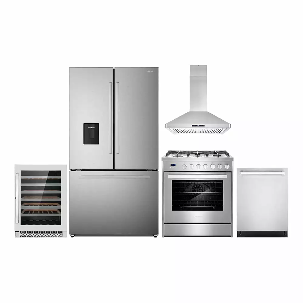 5 Piece Kitchen Package with 30 Freestanding Gas Range 30 Island Range Hood 24 Built-in Fully Integrated Dishwasher 36 French Door Refrigerator & 48 Bottle Wine Refrigerator