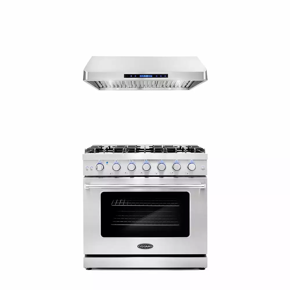 Cosmo 2 Piece Kitchen Appliance Packages with 36 Freestanding Gas Range Kitchen Stove & 36 Under Cabinet Range Hood Kitchen Hood Kitchen Appliance Bundles