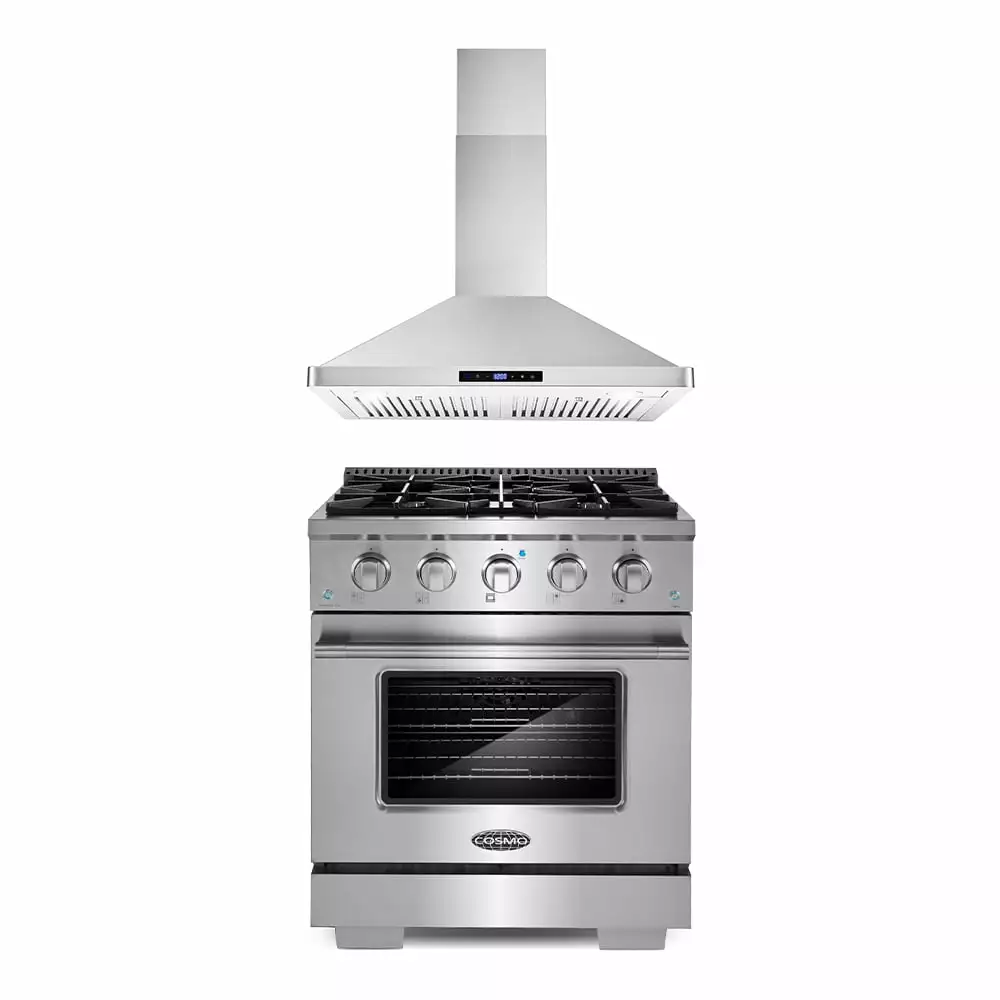 Cosmo 2 Piece Kitchen Appliance Packages with 30 Freestanding Gas Range Kitchen Stove & 30 Wall Mount Range Hood Kitchen Hood Kitchen Appliance Bundles